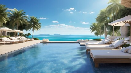 Fototapeta premium Luxury Tropical Beach Paradise with Palm Trees and Oceanfront Pool View