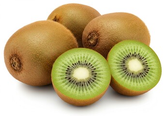 Fototapeta premium Fresh kiwi fruits whole and sliced on a white surface
