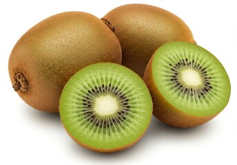 Fototapeta premium Whole and halved kiwi fruits on a white surface, close up