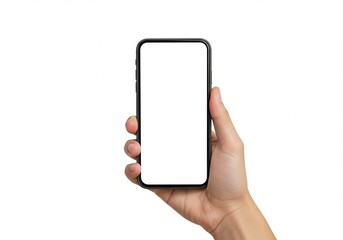 Hand holding a smartphone with a blank white screen on an isolated background