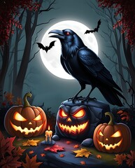 Spooky Halloween scene with a sinister raven perched on a rock surrounded by glowing jack-o'-lanterns, autumn leaves, and a full moon illuminating the haunted forest

