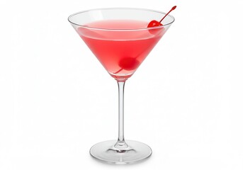 Cosmopolitan cocktail in a clear glass with two cherries on a white background