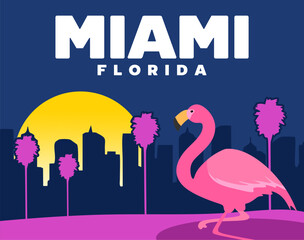 beautiful view of miami city florida with palm tree silhouette