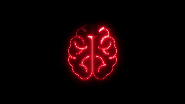 Glowing red neon brain outline illuminated against a dark black background