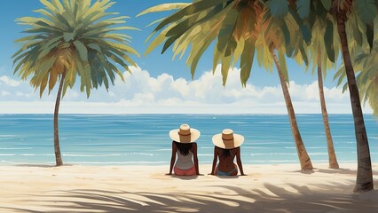 "Couple Relaxing on Tropical Beach Under Palm Trees by the Ocean"