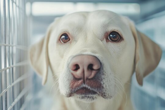white dog in a cage