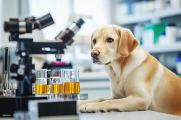 dog with microscope and vials