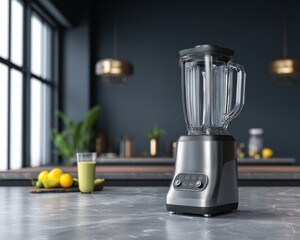 Sleek blender sits on a kitchen counter next to fresh fruit, ready to make a healthy smoothie.