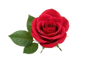 Naklejka premium Single red rose blossom with green leaves isolated on white background, close up