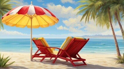 Tropical Beach Scene Illustration with Chair, Umbrella, and Surfboards