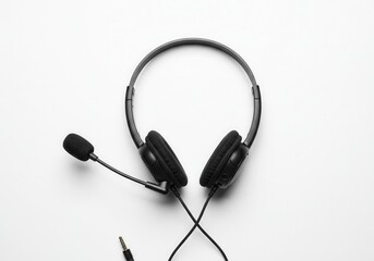 Black headset with microphone on a white surface for communication or support