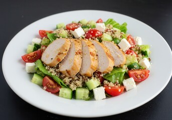 Chicken breast salad with quinoa, tomato, cucumber, and feta on white plate