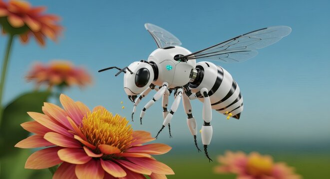 Robotic bee pollinating flowers in a garden scene, artificial intelligence and nature concept render design