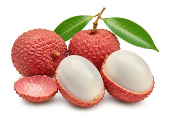 Lychee fruits with leaves, peeled and whole on white background