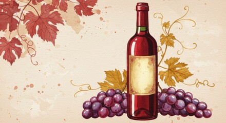 Autumn wine celebration with red wine bottle and grapes on textured background. Thanksgiving dinner decor. Harvest festival and wine tasting event invitation design