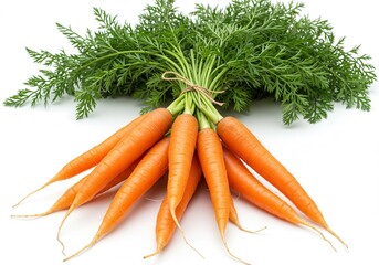Bunch of fresh carrots with green tops tied together on white background