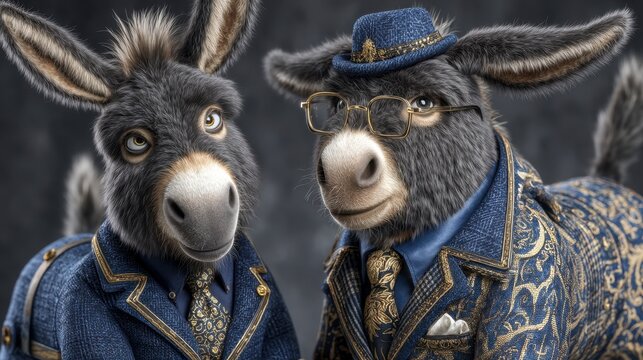 Stylish Donkeys in Suits  Humorous Animal Portraits