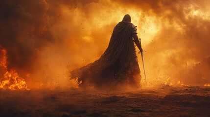 A solitary warrior stands amidst a fiery battle