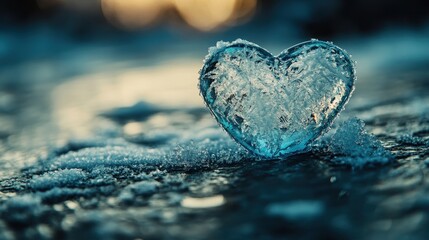 Frozen heart of ice and snow, lying in cold dark blue water. Symbolizes fragility of love, winter season, or Valentine's concepts.
