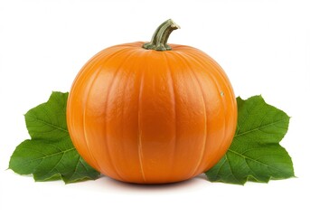 Single pumpkin with green leaves on a white background, studio shot