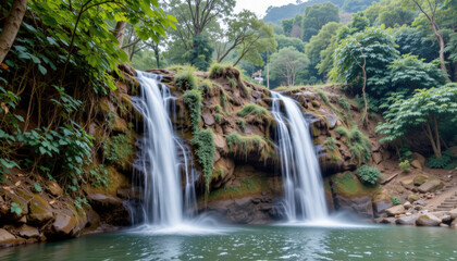 Fototapeta premium Serene waterfall cascades down rocky cliffs, surrounded by lush greenery and trees, creating tranquil atmosphere. water flows gently into calm pool, inviting relaxation and reflection