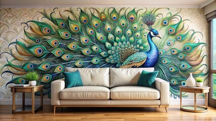 Peacock mural decorates wall above sofa, unique wall art