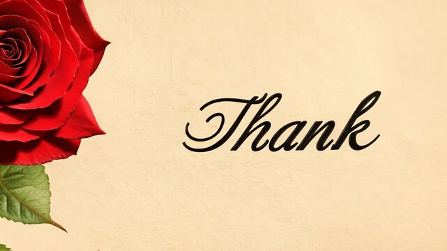 zoom out video with side light showing the handwritten phrase "thank you" in elegant black ink script on homogeneous off-white paper background with a single red rose illustration below it, concept