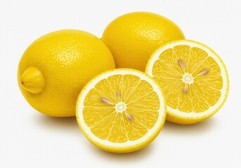 Fresh lemons, including sliced halves, displayed against a white background