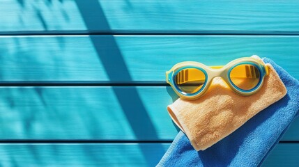 minimalist flat lay of swimming accessories including unbranded goggles, swim cap, and towel on a poolside bench,