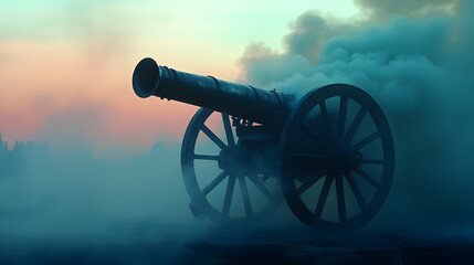 Historic cannon firing against a colorful twilight sky backdrop with dissipating smoke