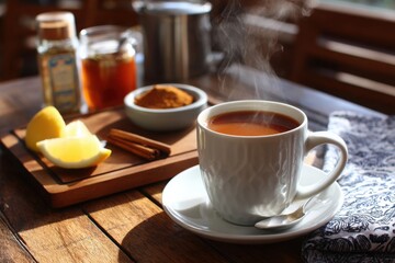 Warm Herbal Tea with Lemon and Spices on Wooden Table Setting