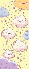Kawaii cloud characters with simple expressions float amidst geometric confetti in a pastel yellow and lavender 2D minimalist dreamscape.