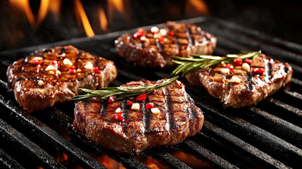 Sizzling cumin steak on a griddle, barbecue stall snack