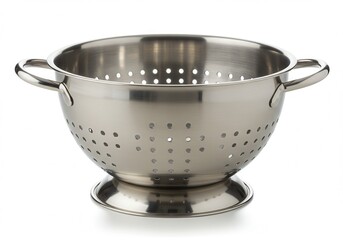 Stainless steel colander with handles and base on white background for kitchen use