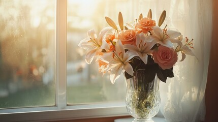 side view of a tall crystal vase filled with blooming lilies and roses, placed near a window with sunlight streaming in, serene and peaceful vibe,