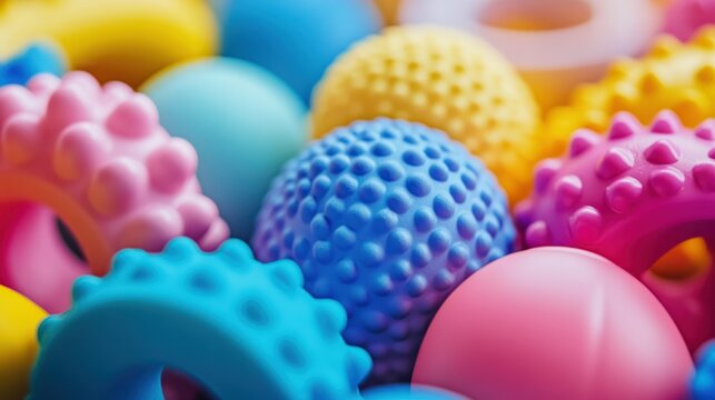 macro shot of tactile learning toys like textured sensory balls, stacking rings, and pop-it boards, vibrant lighting, focus on textures