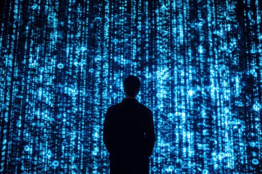 silhouette of person looking at blue binary code