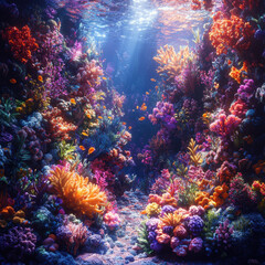 Obraz premium Colorful coral reef glowing with bright light underwater.