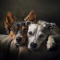 Two dogs are laying on a couch