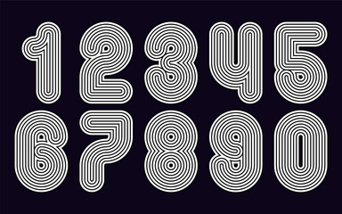 Line number logo type. Vector funky anniversary design. Striped digital graphic font. Retro sport artistic typography. Round old character alphabet. Poster decorative digits, outline circle shapes