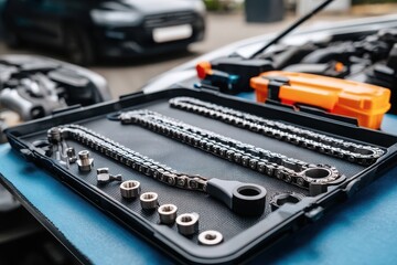 Tool Set for Automotive Repair with Wrenches and Sockets on Table