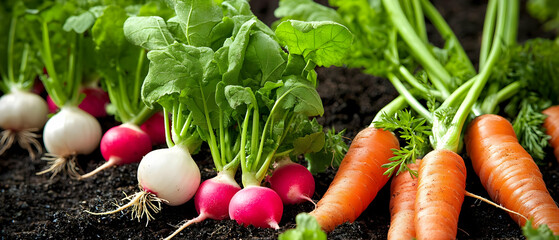 Fresh Radishes And Carrots In Garden Soil
