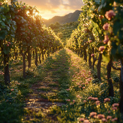 Fototapeta premium Sunset over a vineyard.