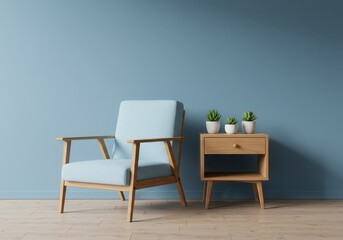 Light blue armchair and wooden nightstand with succulents against a blue wall