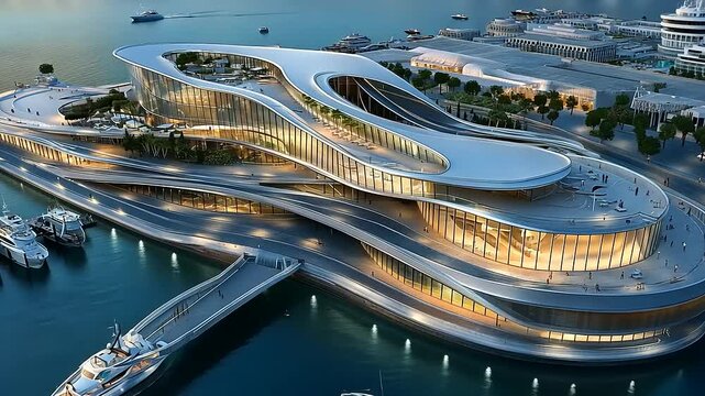 Modern architectural marvel overlooking a serene harbor at dusk, showcasing innovation and design