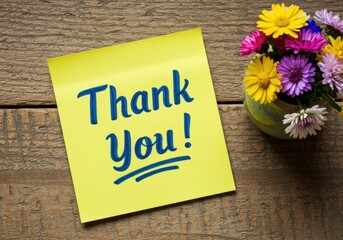 Naklejka premium Yellow sticky note saying Thank You with a vase of flowers on wood 