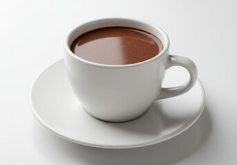 Obraz premium Hot chocolate in a white cup on a white saucer against a white background