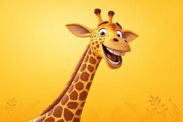 Smiling cartoon giraffe against a bright yellow backdrop - generated by ai