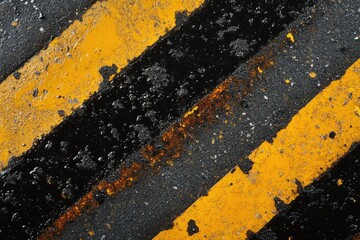 Naklejka premium Diagonal stripes of worn yellow and black paint on a textured surface