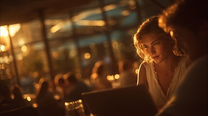 Golden Hour Cafe Woman on Laptop with Cozy Meeting.